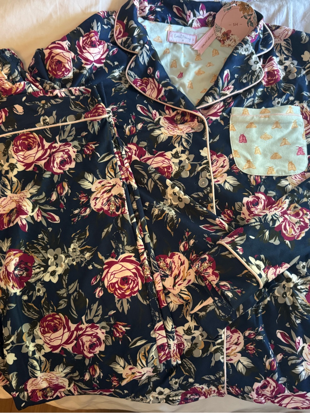 SweetHoney Navy Floral Pajama Top with Pink Accents